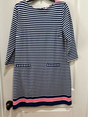 Lilly Pulitzer Navy and White Striped Shift Dress with Pink Accent